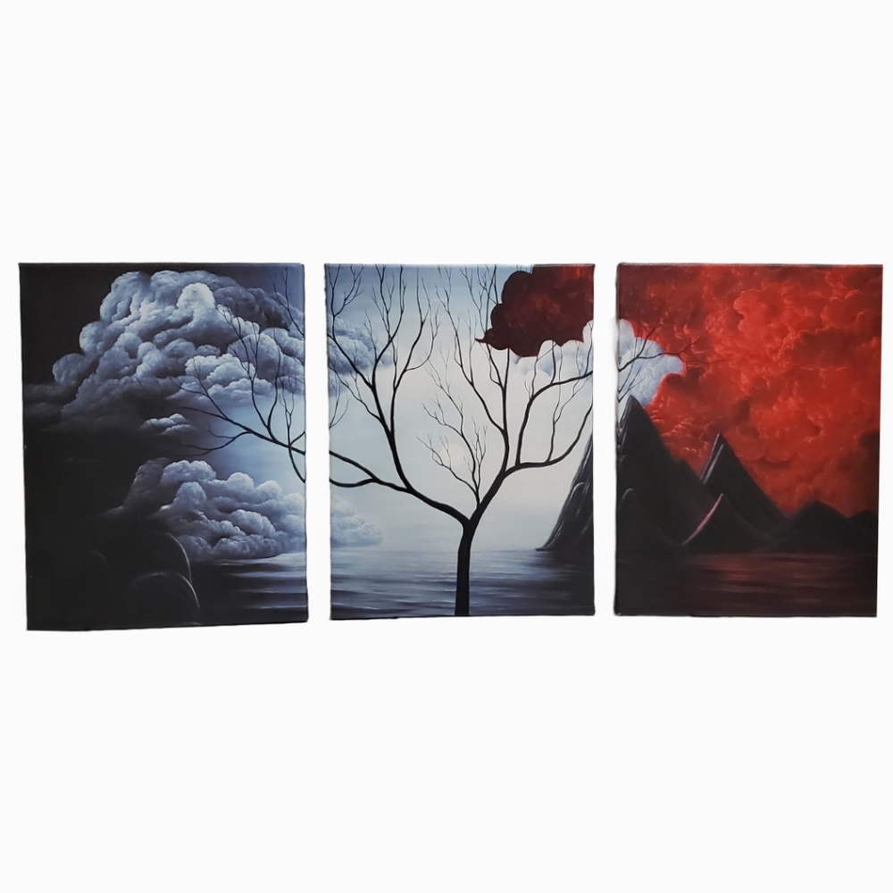 Cloud Tree Canvas - Black and Red Abstract Art (3 piece wall art)